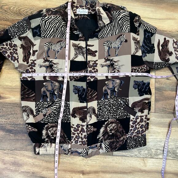 90s Vintage Bomber Jacket Animal Print Patchwork Silk Leopard Cheetah Elephant L - Picture 4 of 9